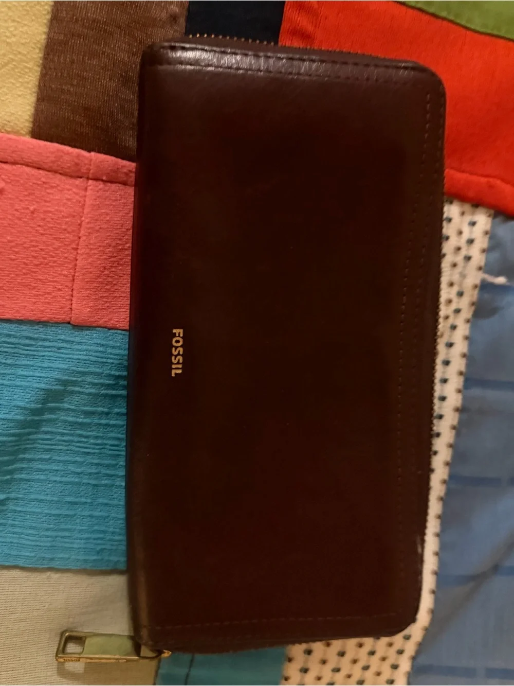 Fossil Brown Leather Zip-Around Wallet with Gold Logo